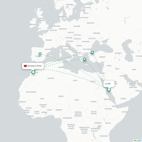 Mapa de vuelo directo Jedda - Marrakech
