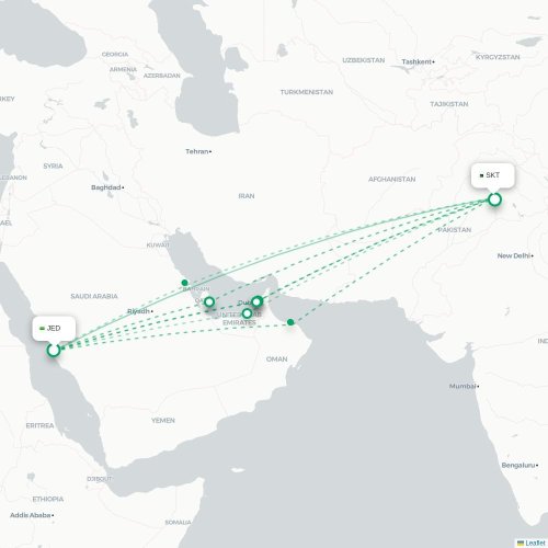 Mapa de vuelo directo Jedda - Siālkot