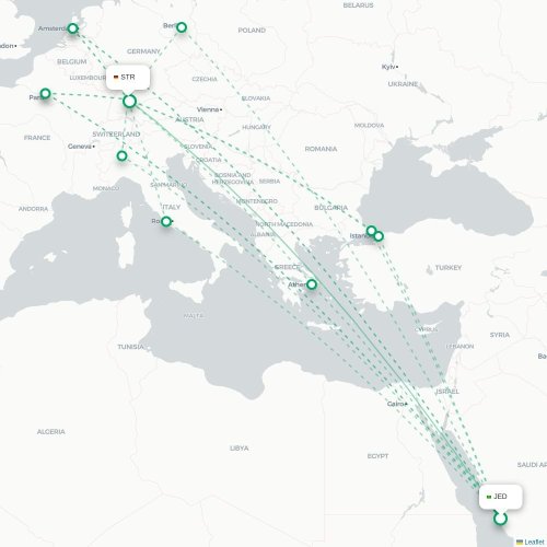 Jeddah - Stuttgart karta över direktflyg