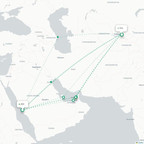 Mapa de vuelo directo Jedda - Taskent