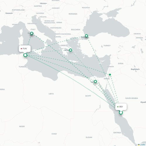 Mapa de vuelo directo Jedda - Túnez