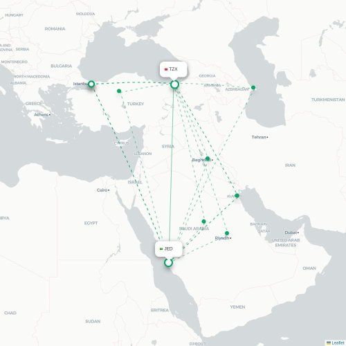 Mapa de vuelo directo Jedda - Trapisonda