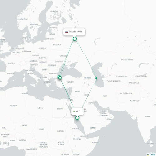 Mapa de vuelo directo Jedda - Moscú