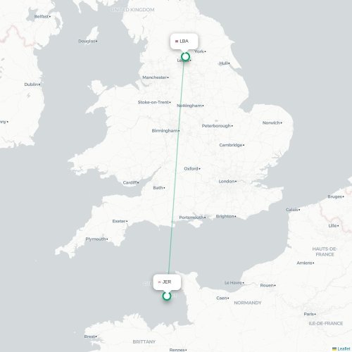 Mapa de vuelo directo Saint Peter - Leeds, Condado de Yorkshire del Oeste