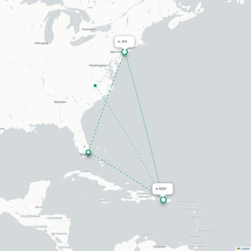 Mapa de vuelo directo Nueva York - Aguadilla
