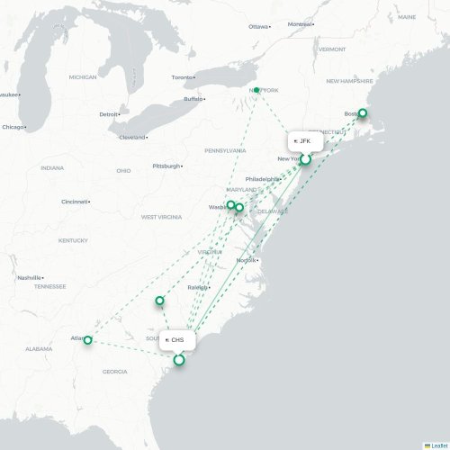 Mapa de vuelo directo Nueva York - Charleston