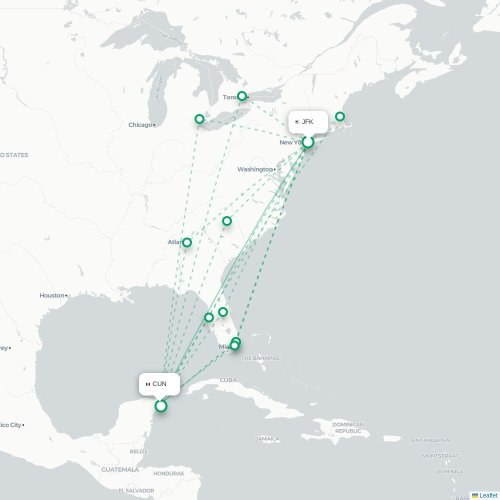 Mapa de vuelo directo Nueva York - Cancún