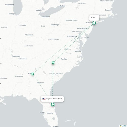Mapa de vuelo directo Nueva York - Daytona Beach