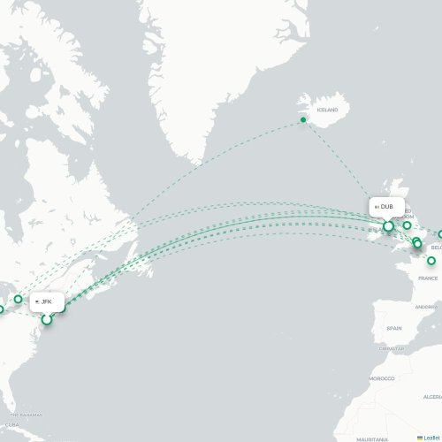 Mapa de vuelo directo Nueva York - Dublín