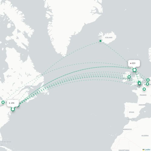 Mapa de vuelo directo Nueva York - Edimburgo
