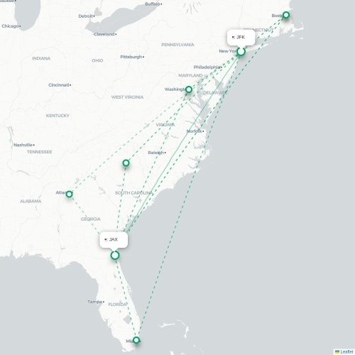 Mapa de vuelo directo Nueva York - Jacksonville