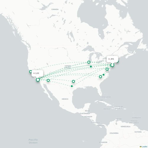Mapa de vuelo directo Nueva York - Los Ángeles