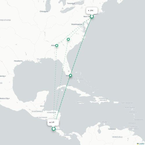 Mapa de vuelo directo Nueva York - Liberia
