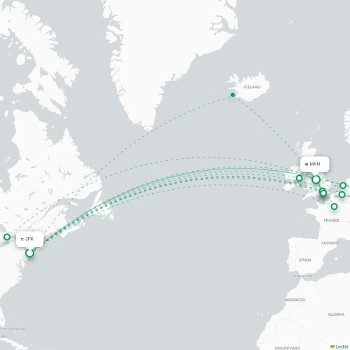 Mapa de vuelo directo Nueva York - Mánchester