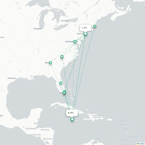Mapa de vuelo directo Nueva York - Bahía Montego
