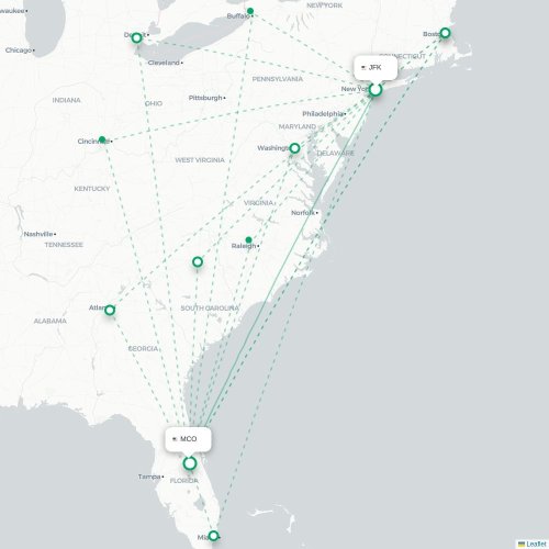 Mapa de vuelo directo Nueva York - Orlando