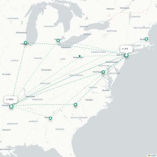 Mapa de vuelo directo Nueva York - Memphis