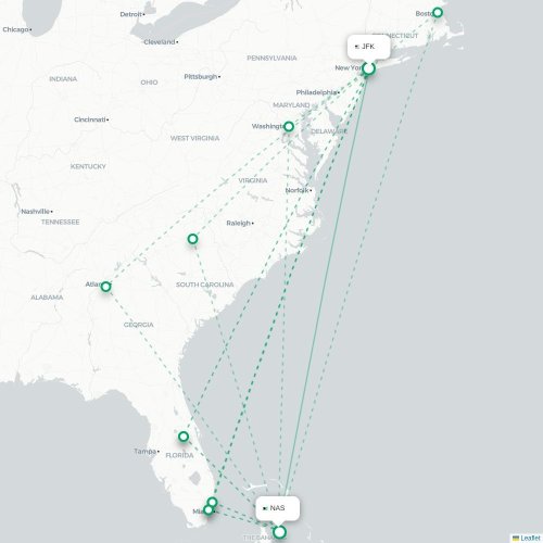 Mapa lotu bezpośredniego Nowy Jork – Nassau