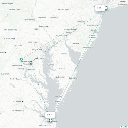 New York - Norfolk kaart van rechtstreekse vlucht
