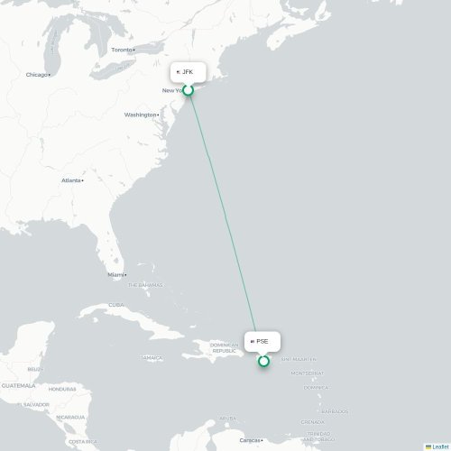 Mapa de vuelo directo Nueva York - Ponce