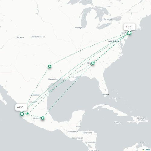 Mapa de vuelo directo Nueva York - Pto Vallarta