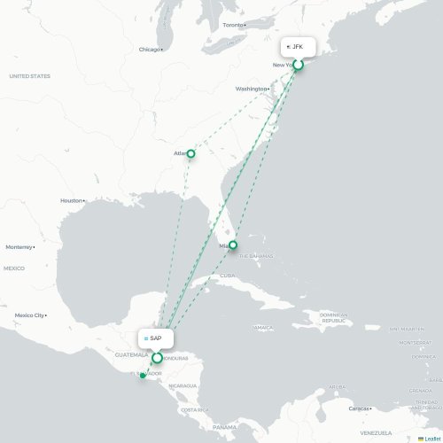 New York - San Pedro Sula kaart van rechtstreekse vlucht