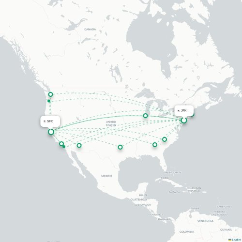 Mapa de vuelo directo Nueva York - San Francisco