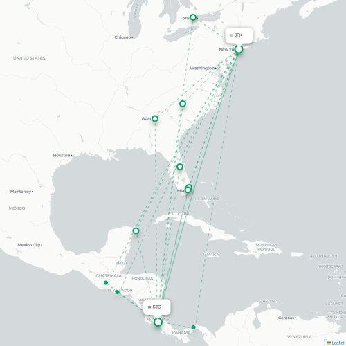 Mapa de vuelo directo Nueva York - San José