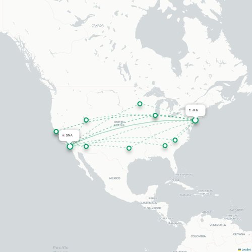 Mapa de vuelo directo Nueva York - Santa Ana
