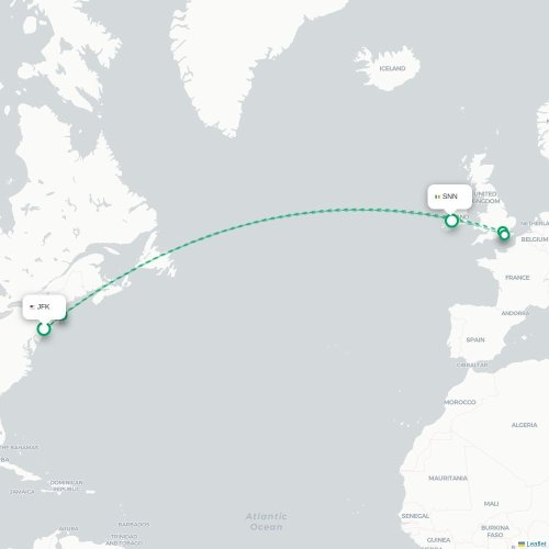 Mapa de vuelo directo Nueva York - Shannon