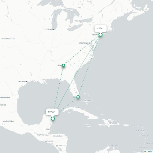 Mapa de vuelo directo Nueva York - Tulum
