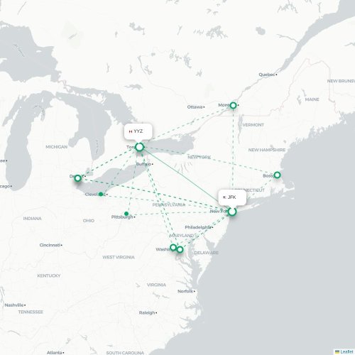 Mapa lotu bezpośredniego Nowy Jork – Toronto