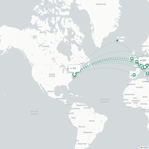 Mapa de vuelo directo Nueva York - Zúrich
