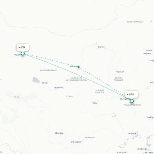 Mapa lotu bezpośredniego Jiayuguan – Czengczou