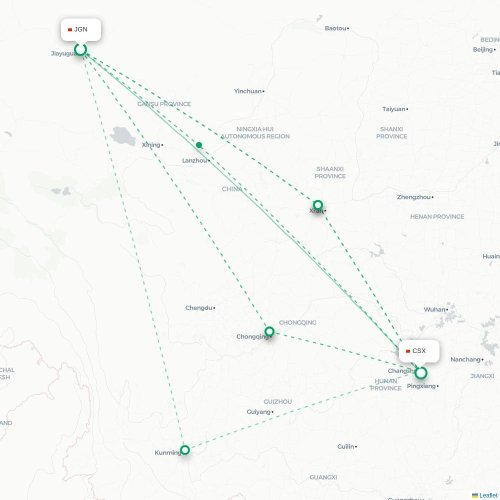Mapa lotu bezpośredniego Jiayuguan – Changsha