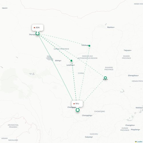 Mapa lotu bezpośredniego Jiayuguan – Chengdu