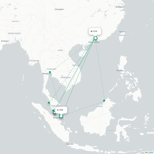 Mapa lotu bezpośredniego Johor Bahru – Kanton