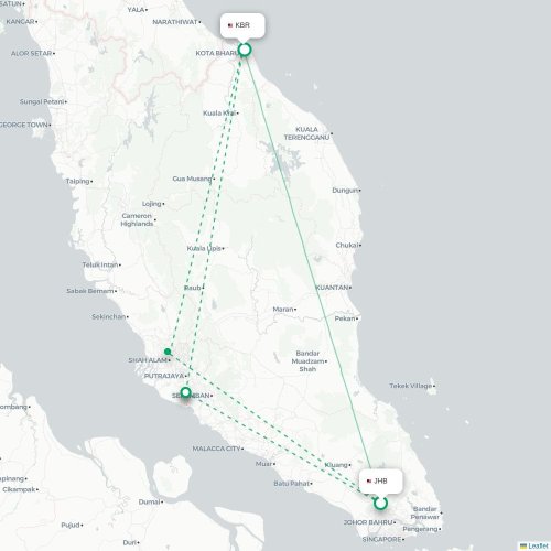 Mapa lotu bezpośredniego Johor Bahru – Kota Bahru
