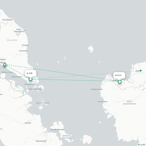 Mapa lotu bezpośredniego Johor Bahru – Kuching
