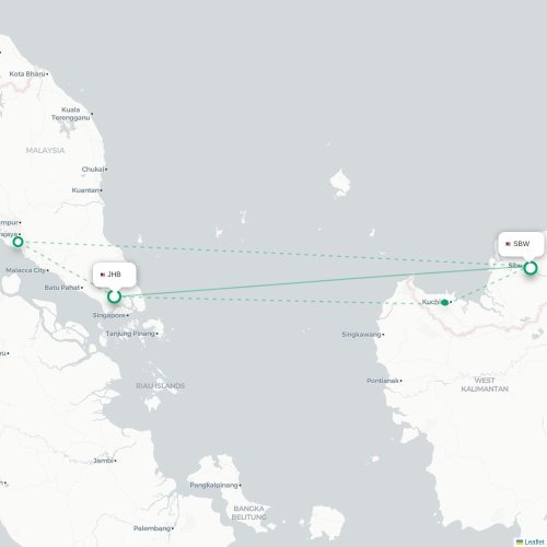 Mapa lotu bezpośredniego Johor Bahru – Sibu