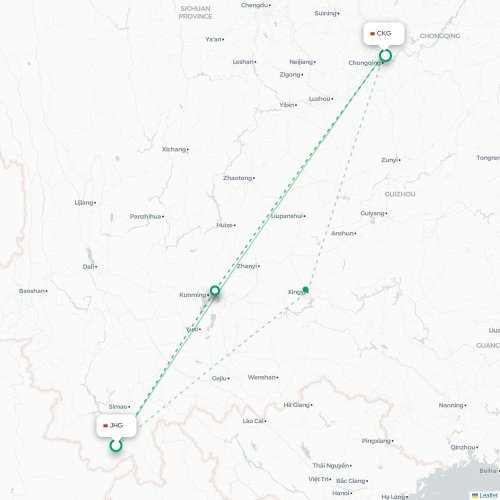 Mapa lotu bezpośredniego Xishuangbanna – Chongqing