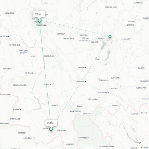 Mapa lotu bezpośredniego Xishuangbanna – Dali