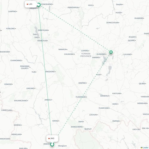 Mapa lotu bezpośredniego Xishuangbanna – Lijiang