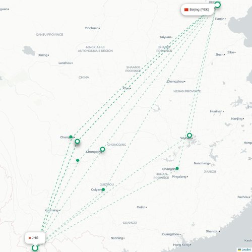 Mapa lotu bezpośredniego Xishuangbanna – Pekin