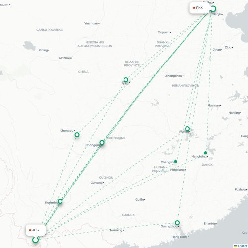 Mapa lotu bezpośredniego Xishuangbanna – Pekin