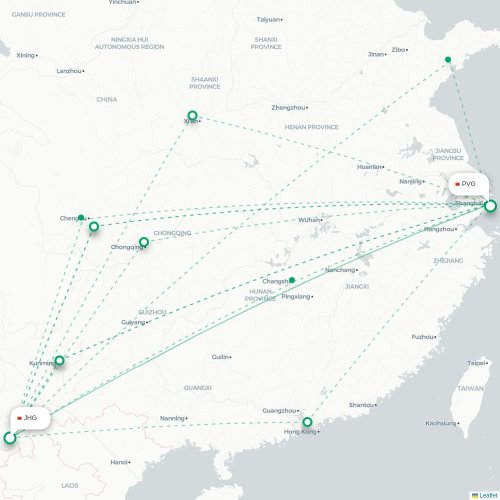 Mapa lotu bezpośredniego Xishuangbanna – Szanghaj