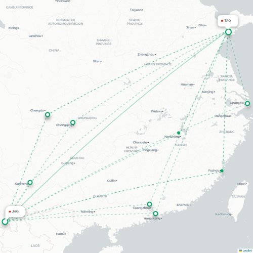 Mapa lotu bezpośredniego Xishuangbanna – Qingdao