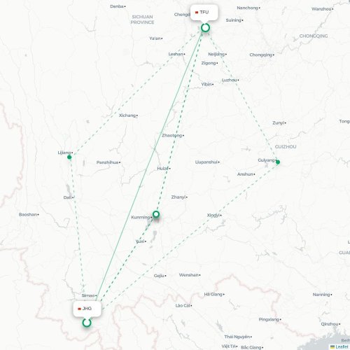 Mapa lotu bezpośredniego Xishuangbanna – Chengdu