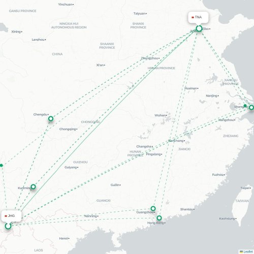 Mapa lotu bezpośredniego Xishuangbanna – Jinan