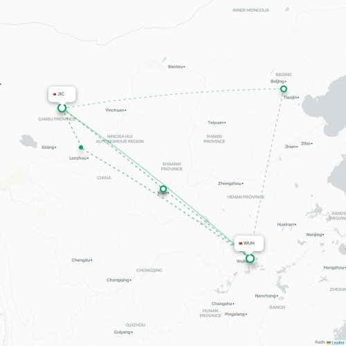 Mapa lotu bezpośredniego Jinchang – Wuhan